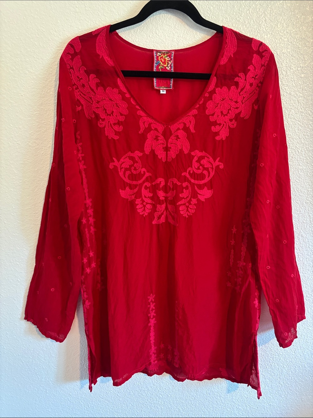 Johnny Was Red Embroidered Boho Tunic Blouse Size Medium | bohemian | feminine